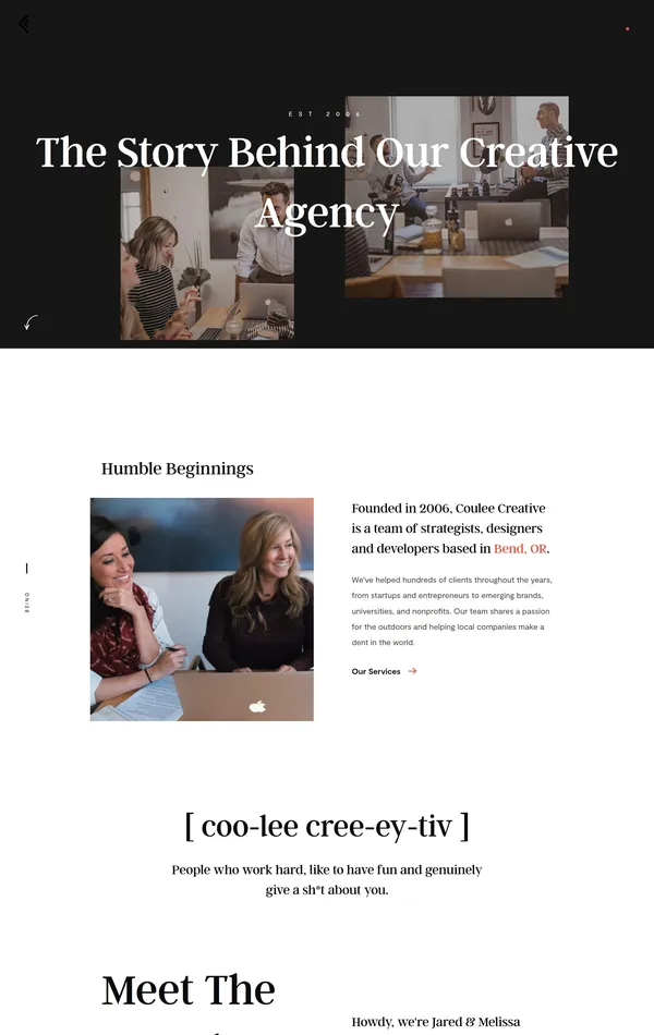 Страница о компании Coulee Creative, тематика — Агентство , цвета — Белый, Черный, Серый, стиль — Рисованный, Минимализм, типографика — Без засечек
