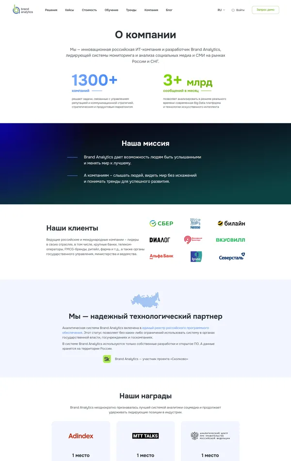 Страница о компании Brand Analytics, тематика — IT и программное обеспечение, цвета — Белый, Черный, стиль — Корпоративный, типографика — Без засечек