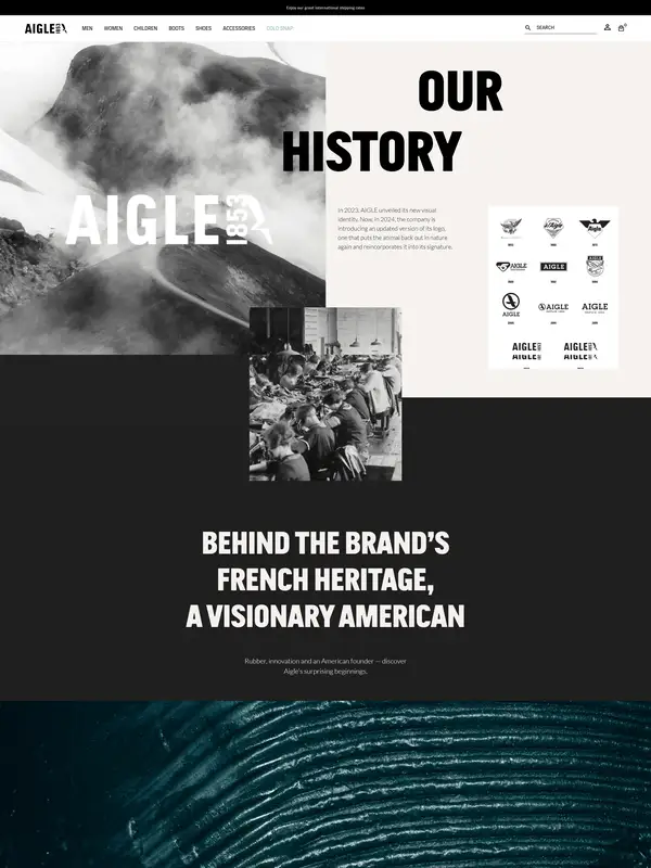 Страница о компании Aigle, тематика — Одежда, цвета — Белый, Черный, Серый, стиль — Классический, Ретро, типографика — Без засечек, Декоративные