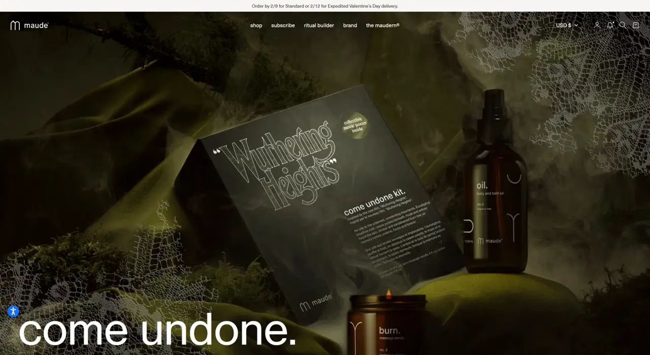 Секция «Первый экран» с сайта https://getmaude.com/, тематика — Интернет-магазин, Здоровье и фитнес, цвета — Черный, стиль — Классический, Органический и природный, типографика — С засечками, Декоративные