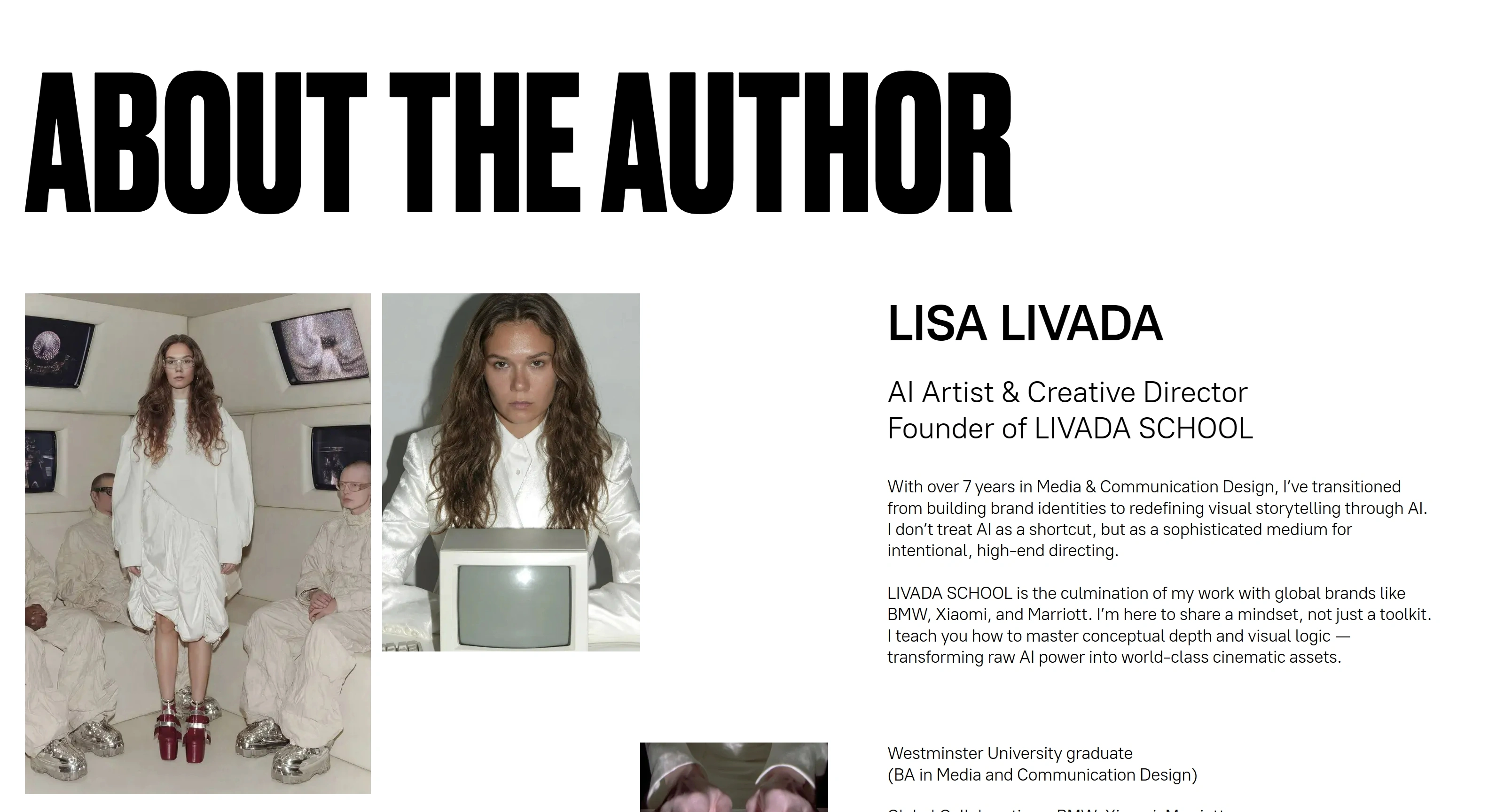 AI-VIDEO LAB Секция «Об авторе» с сайта https://livadaschool.com/, тематика — Образование, цвета — Белый, Черный, Серый, стиль — Минимализм, Брутализм, типографика — Без засечек
