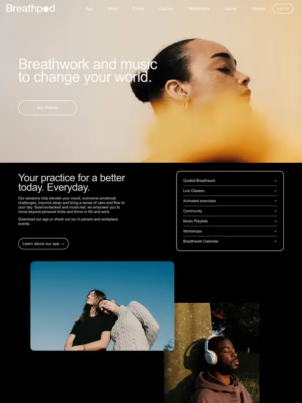 Главная Breathpod, тематика — Здоровье и фитнес, цвета — Белый, Черный, Серый, стиль — Минимализм, Органический и природный, типографика — Без засечек