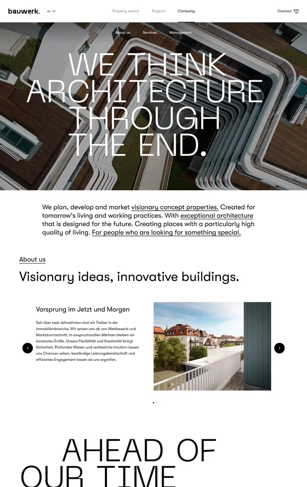 Страница о компании Bauwerk, тематика — Недвижимость, цвета — Белый, Серый, стиль — Корпоративный, Минимализм, типографика — Без засечек