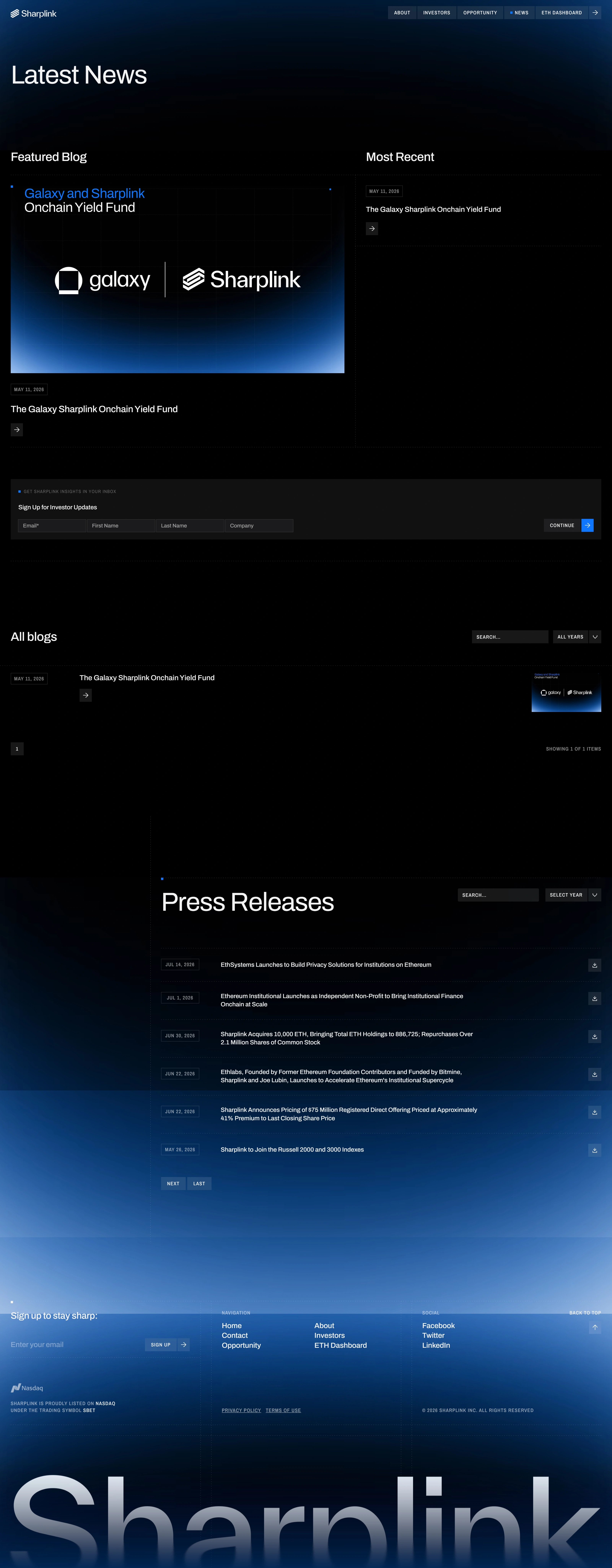 Sharplink Новости Sharplink, тематика — Крипто и блокчейн, цвета — Черный, Синий, стиль — Корпоративный, Минимализм, типографика — Без засечек