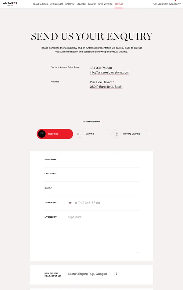 Контакты Antares Barcelona, тематика — Недвижимость, цвета — Белый, Черный, стиль — Корпоративный, Минимализм, типографика — С засечками, Без засечек