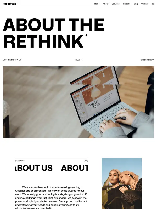 Страница о компании Rethink, тематика — Дизайн, цвета — Белый, Черный, Серый, стиль — Минимализм, Брутализм, типографика — Без засечек, Декоративные
