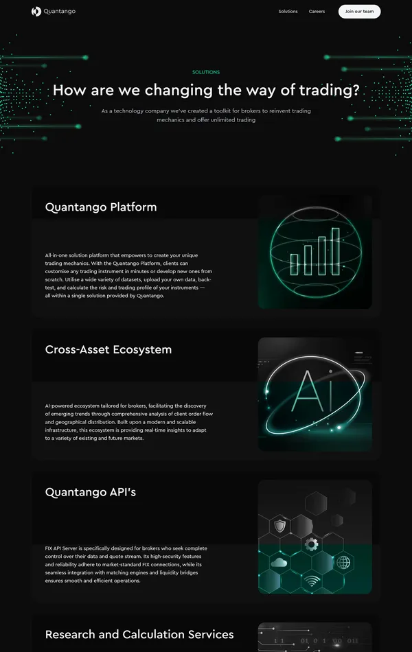 Страница о компании Quantango, тематика — Финансы, цвета — Черный, стиль — Корпоративный, Минимализм, типографика — Без засечек