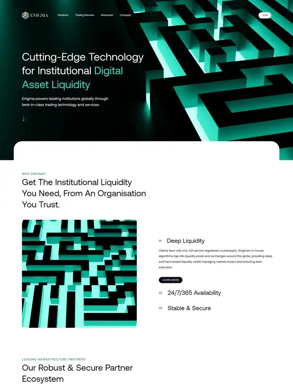 Главная Enigma Securities, тематика — Крипто  и блокчейн, цвета — Белый, Черный, стиль — Корпоративный, Минимализм, типографика — Без засечек