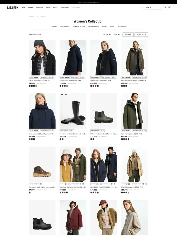 Каталог Aigle, тематика — Одежда, цвета — Белый, Черный, Серый, стиль — Карточный, Минимализм, типографика — Без засечек