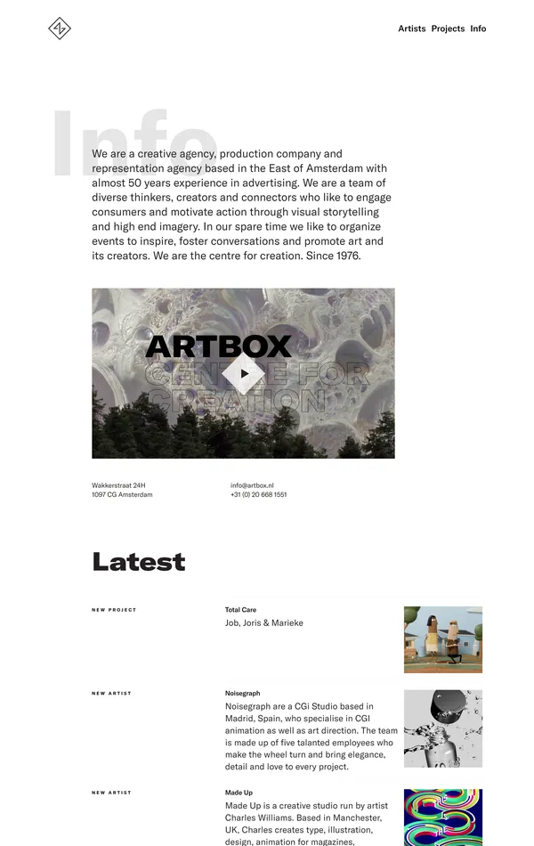 Страница о компании Artbox Amsterdam, тематика — Агентство , цвета — Белый, стиль — Корпоративный, Минимализм, типографика — Без засечек