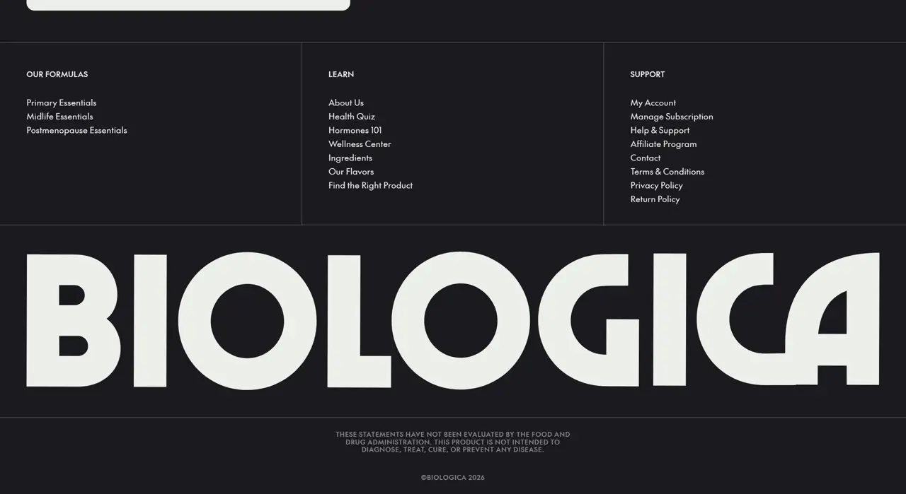 Секция «Футер» с сайта https://biologica.com/, тематика — Здоровье и фитнес, цвета — Белый, Черный, стиль — Минимализм, типографика — Без засечек, Декоративные