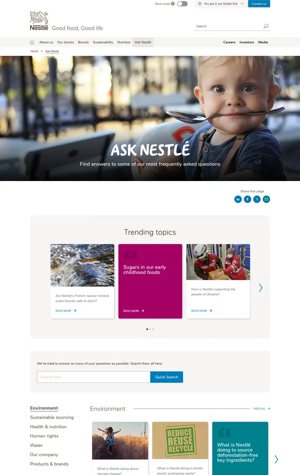 Блог Nestlé, тематика — Еда и напитки, цвета — Белый, Серый, стиль — Корпоративный, типографика — Без засечек