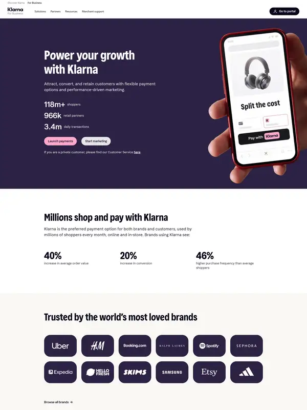 Многостраничный сайт Klarna, тематика — Интернет-магазин, SaaS, цвета — Белый, Черный, Серый, стиль — Корпоративный, Минимализм, типографика — Без засечек