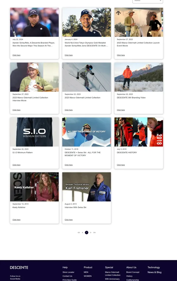 Секция «Новости» с сайта https://www.descente.com/en/, тематика — Интернет-магазин, Одежда, цвета — Белый, Черный, Серый, стиль — Корпоративный, типографика — Без засечек