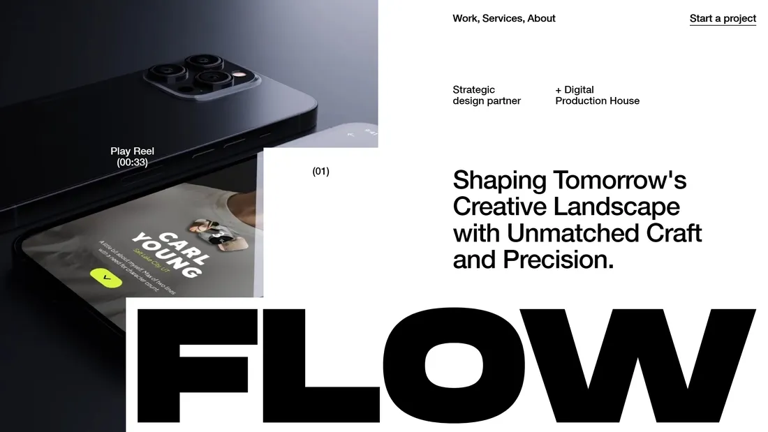 Секция «Первый экран» с сайта https://justgowiththeflow.com/, тематика — Агентство , цвета — Белый, Черный, Серый, стиль — Минимализм, типографика — Без засечек