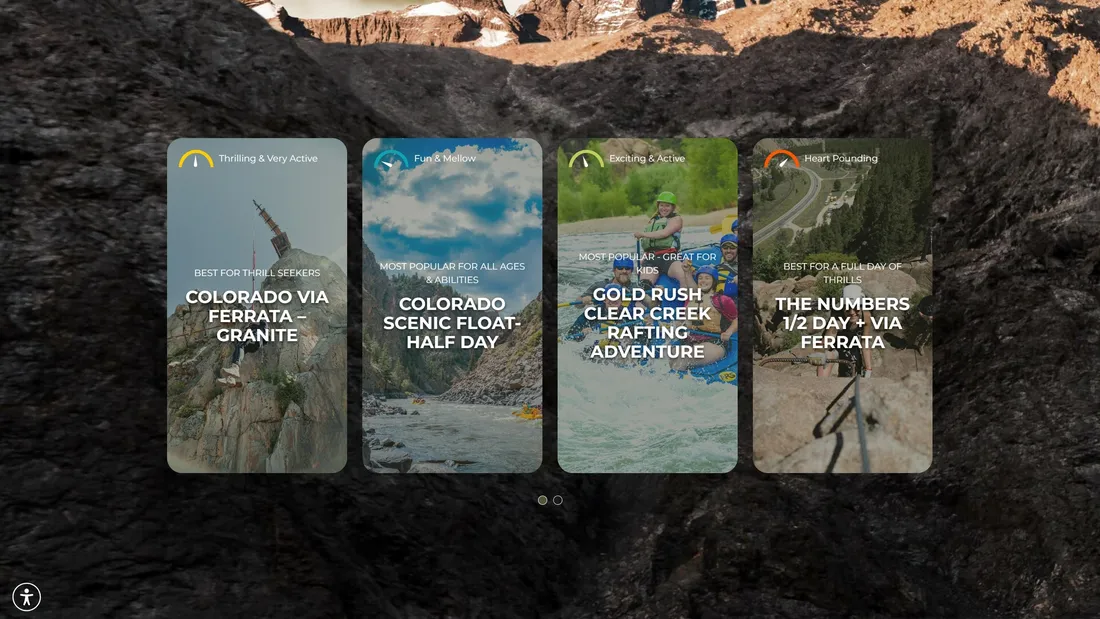 Секция «Услуги» с сайта https://www.coloradorafting.net/, тематика — Путешествия и туризм, цвета — Черный, Серый, стиль — Органический и природный, типографика — Без засечек