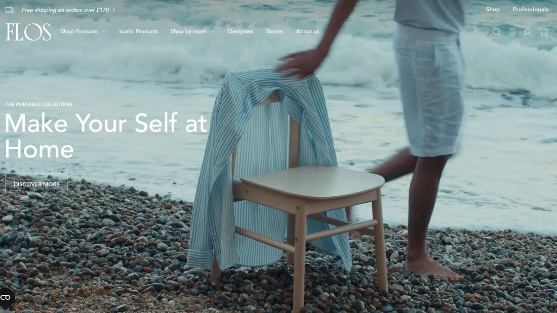 Секция «Первый экран» с сайта https://flos.com/en/gb/, тематика — Продукт, Дизайн, цвета — Белый, Черный, Серый, стиль — Минимализм, типографика — Без засечек