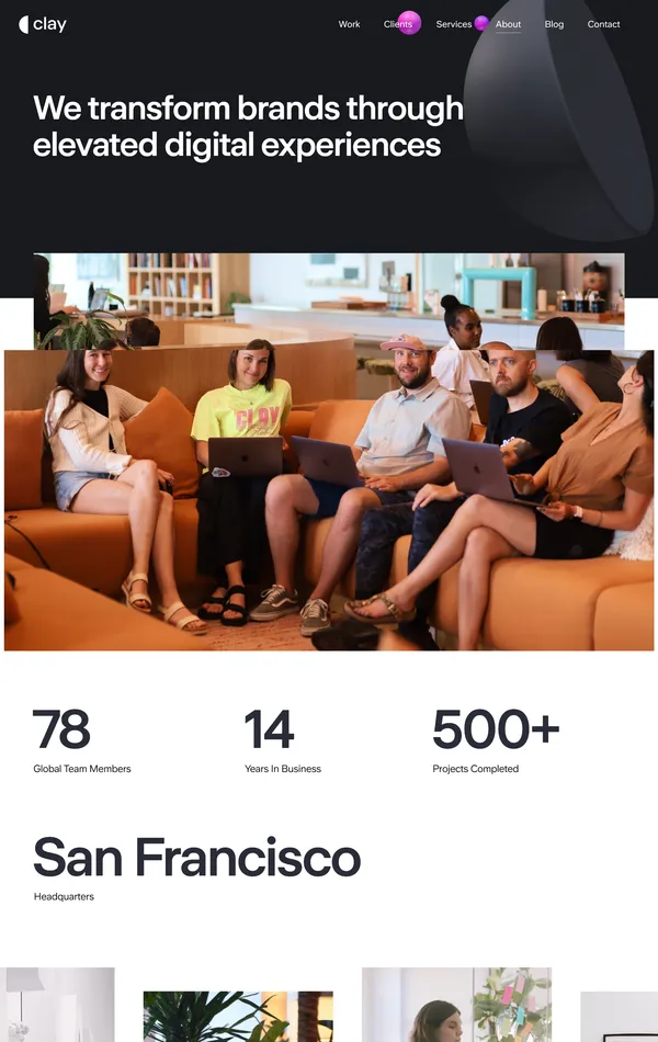 Страница о компании Clay, тематика — Агентство , цвета — Белый, Черный, Серый, стиль — Корпоративный, Минимализм, типографика — Без засечек