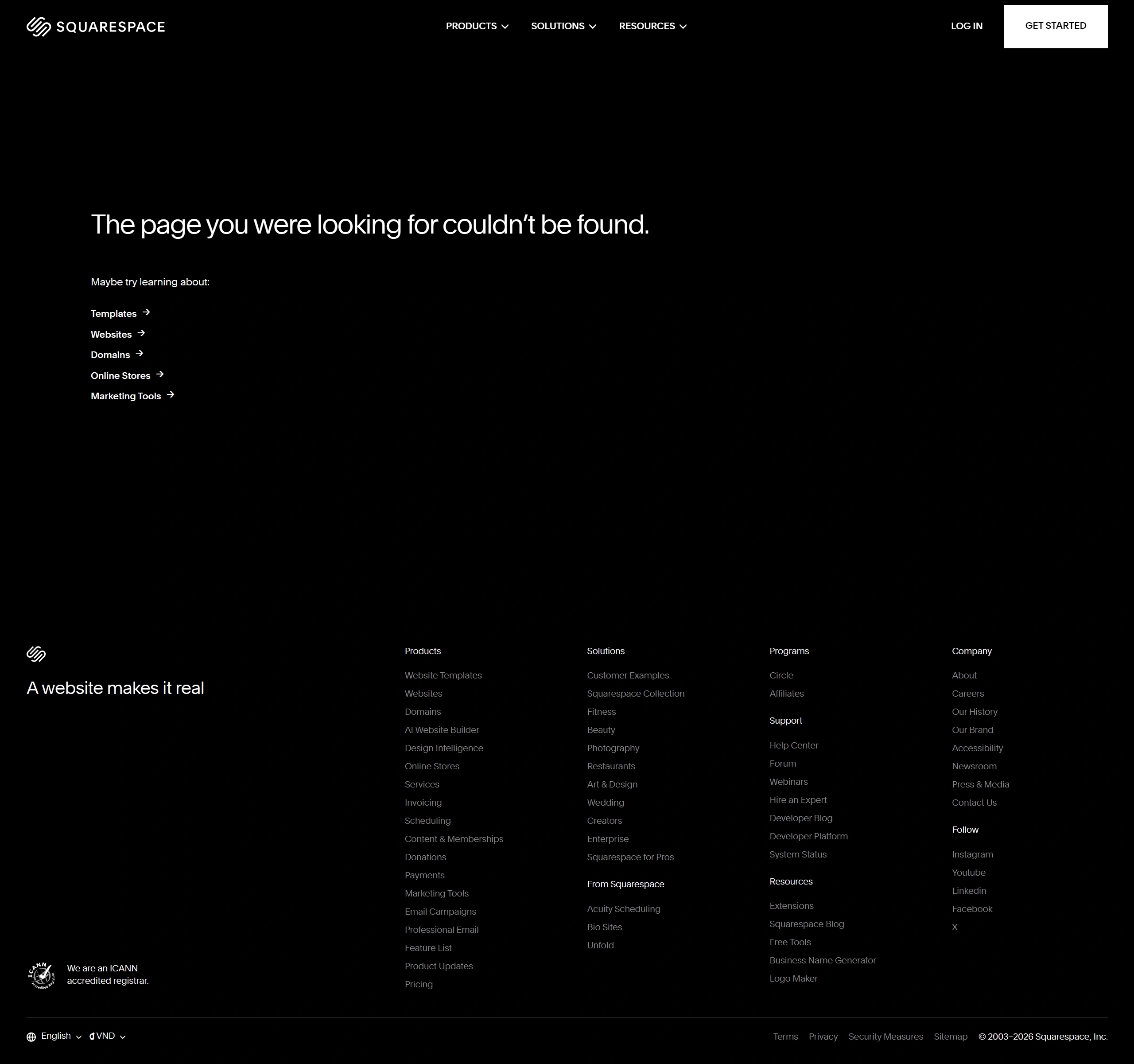 Squarespace 404-страница Squarespace, тематика — SaaS, цвета — Черный, стиль — Корпоративный, Минимализм, типографика — Без засечек