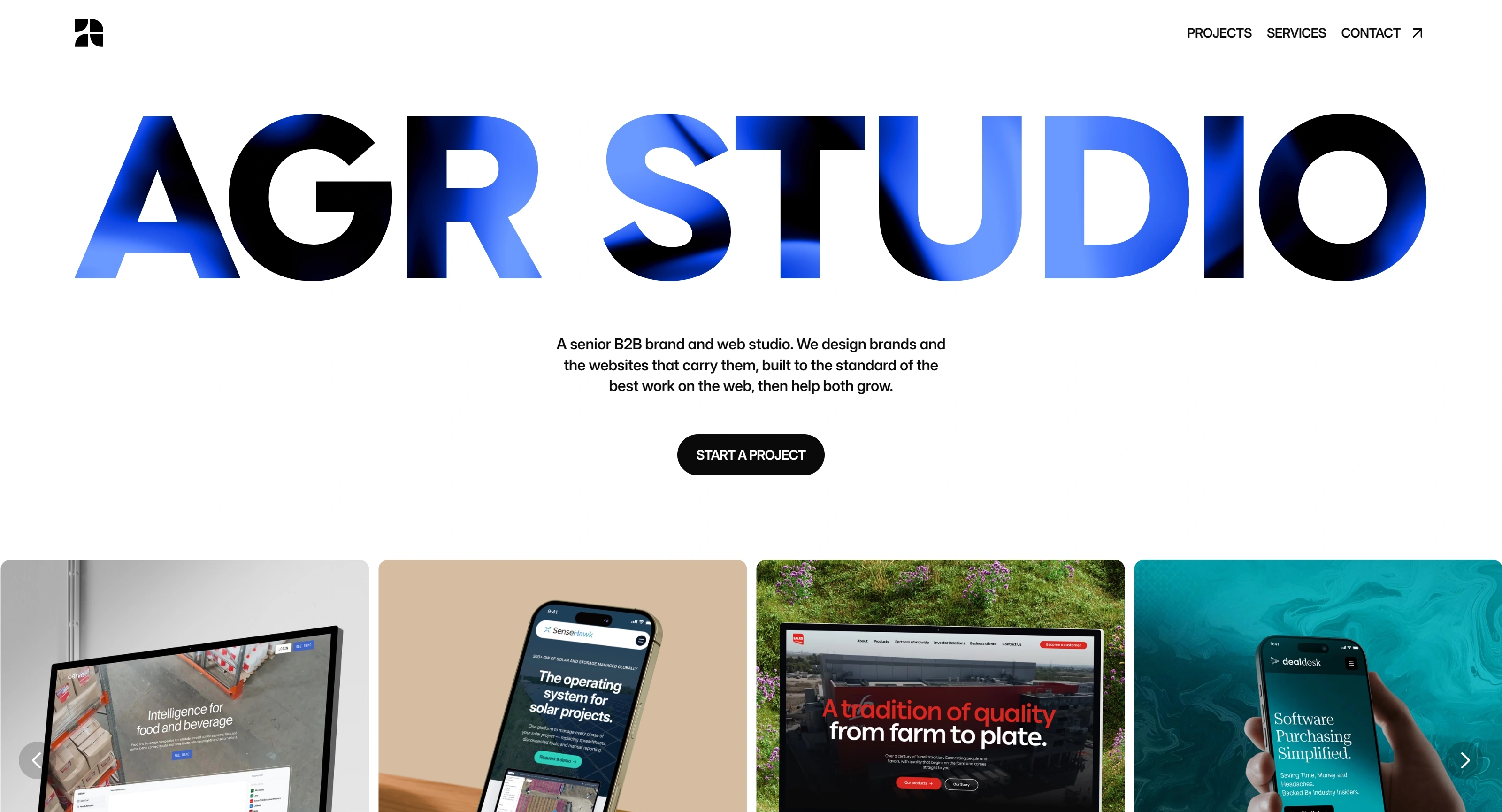 AGR Studio Секция «Первый экран» с сайта https://agr.studio/, тематика — Агентство , цвета — Белый, Черный, Серый, стиль — Корпоративный, Минимализм, типографика — Без засечек, Декоративные