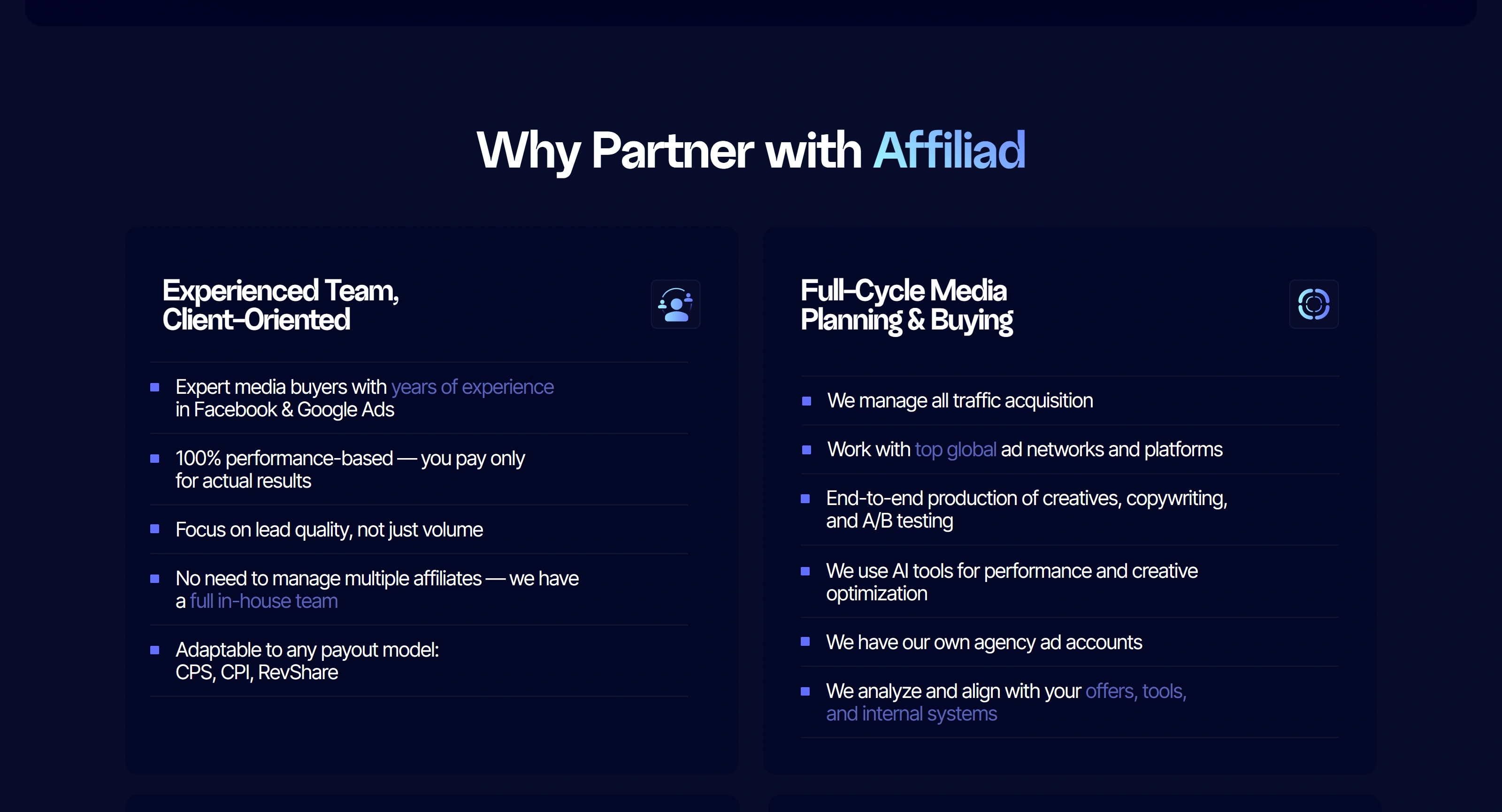 Affiliad Секция «Преимущества» с сайта https://affiliad.tilda.ws/en, тематика — Агентство , цвета — Черный, стиль — Корпоративный, типографика — Без засечек