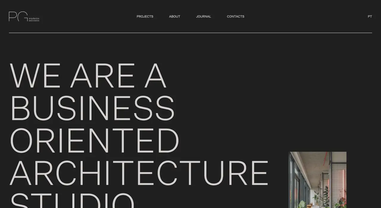 Секция «Первый экран» с сайта https://www.pgarquitectos.pt/, тематика — Строительство, цвета — Черный, Серый, стиль — Корпоративный, Минимализм, типографика — Без засечек