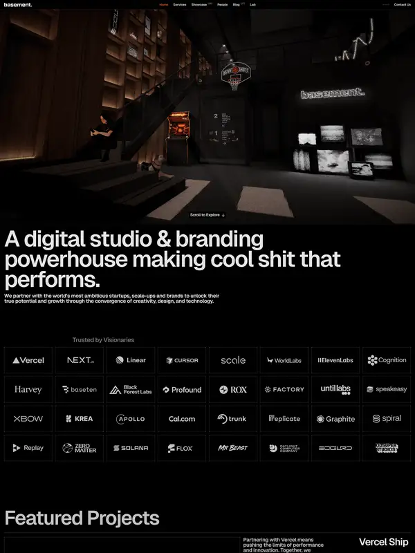 Главная basement.studio, тематика — Агентство , цвета — Черный, стиль — Минимализм, Брутализм, типографика — Без засечек, Декоративные