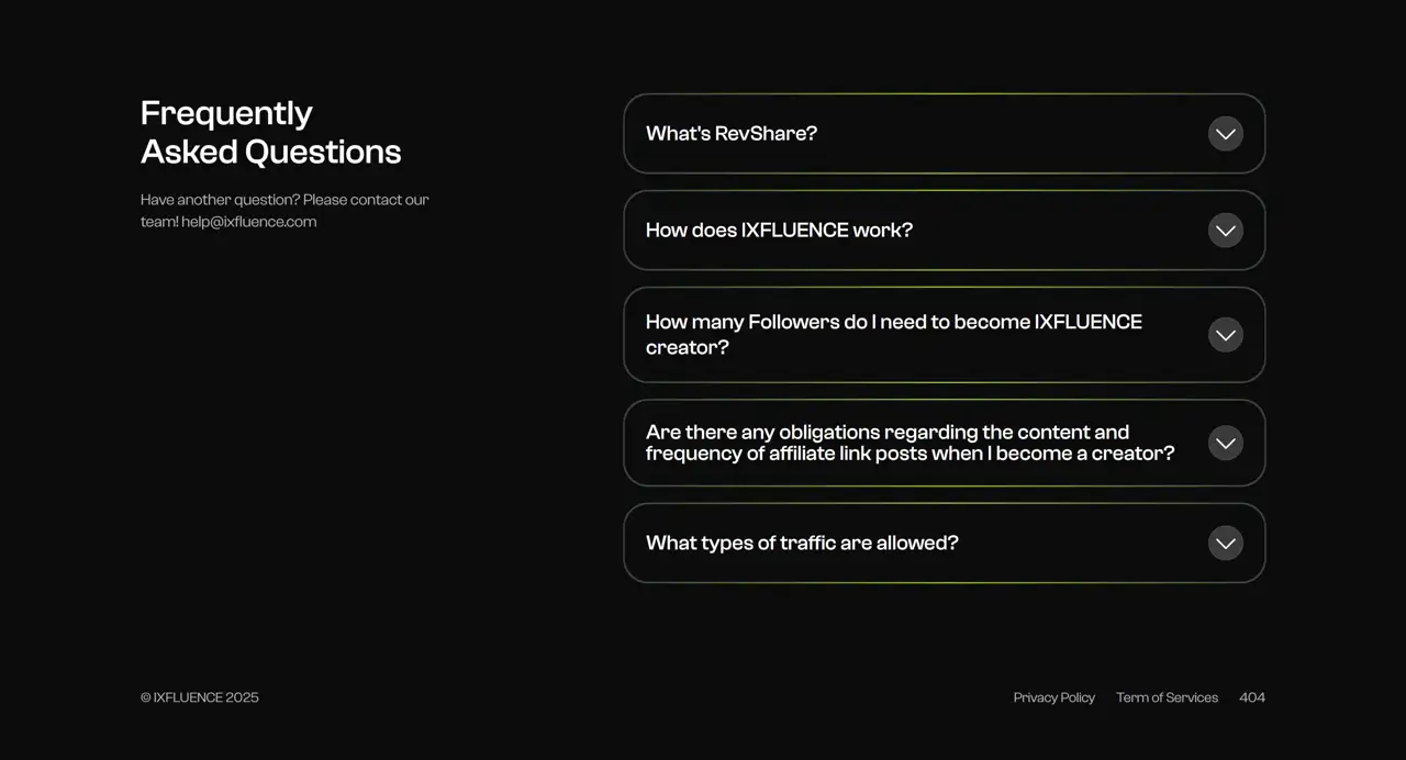Секция «FAQ» с сайта https://ixfluence.com/, тематика — Маркетинг, цвета — Черный, стиль — Минимализм, типографика — Без засечек
