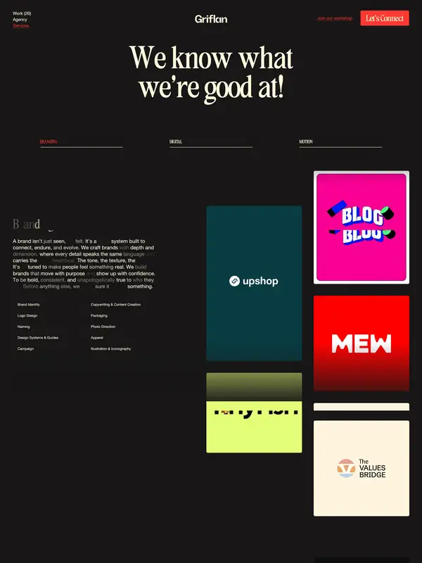 Услуги Griflan, тематика — Агентство , цвета — Черный, стиль — Корпоративный, Минимализм, типографика — Без засечек, Декоративные