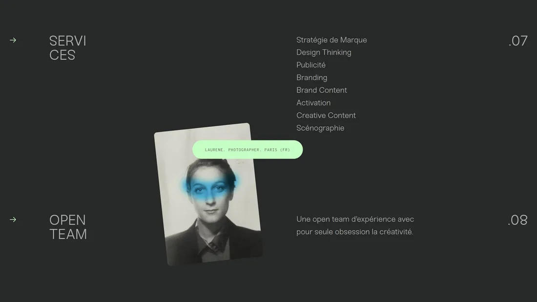 Секция «Услуги» с сайта https://matter-of-mind.fr/fr/, тематика — Агентство , цвета — Черный, стиль — Минимализм, типографика — Без засечек