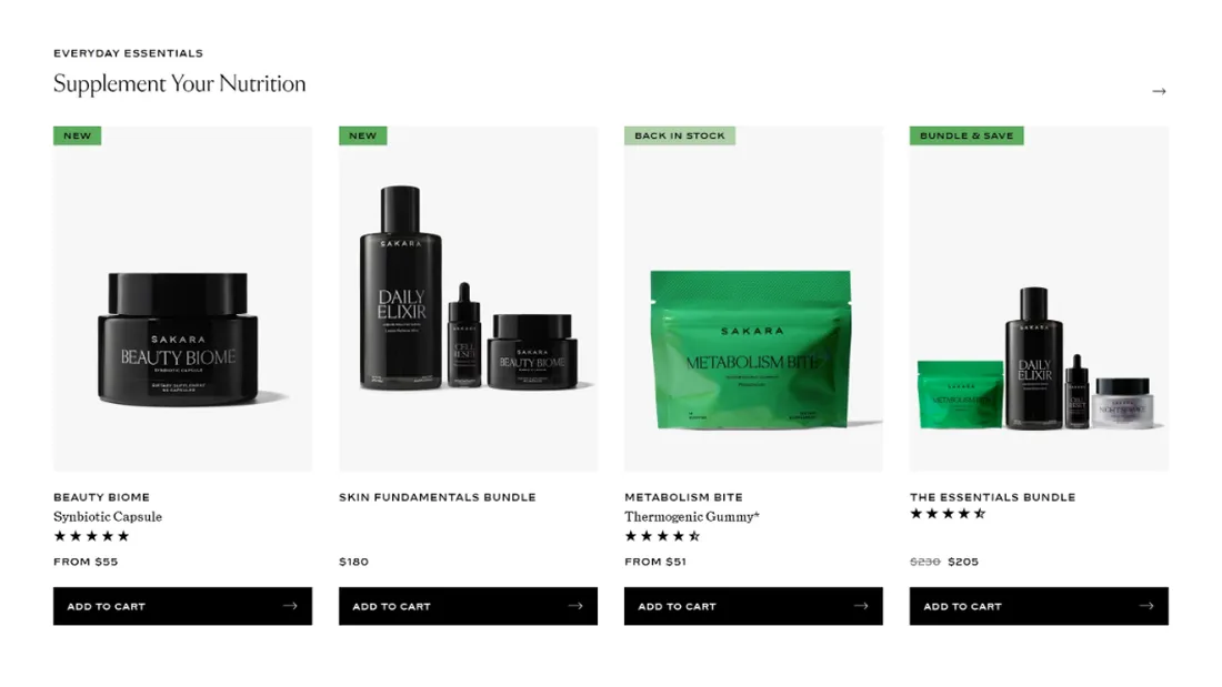 Секция «Товары» с сайта https://www.sakara.com/, тематика — Интернет-магазин, Здоровье и фитнес, Красота, цвета — Белый, стиль — Минимализм, типографика — Без засечек