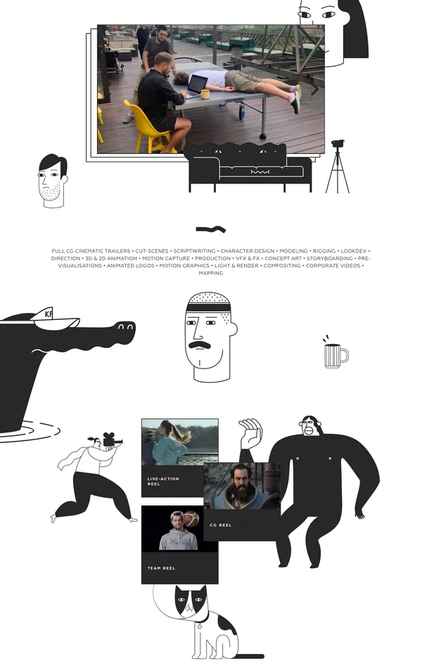 Страница о компании Zheeshee, тематика — Дизайн, цвета — Белый, Черный, Серый, стиль — Рисованный, Минимализм, типографика — Без засечек, Декоративные