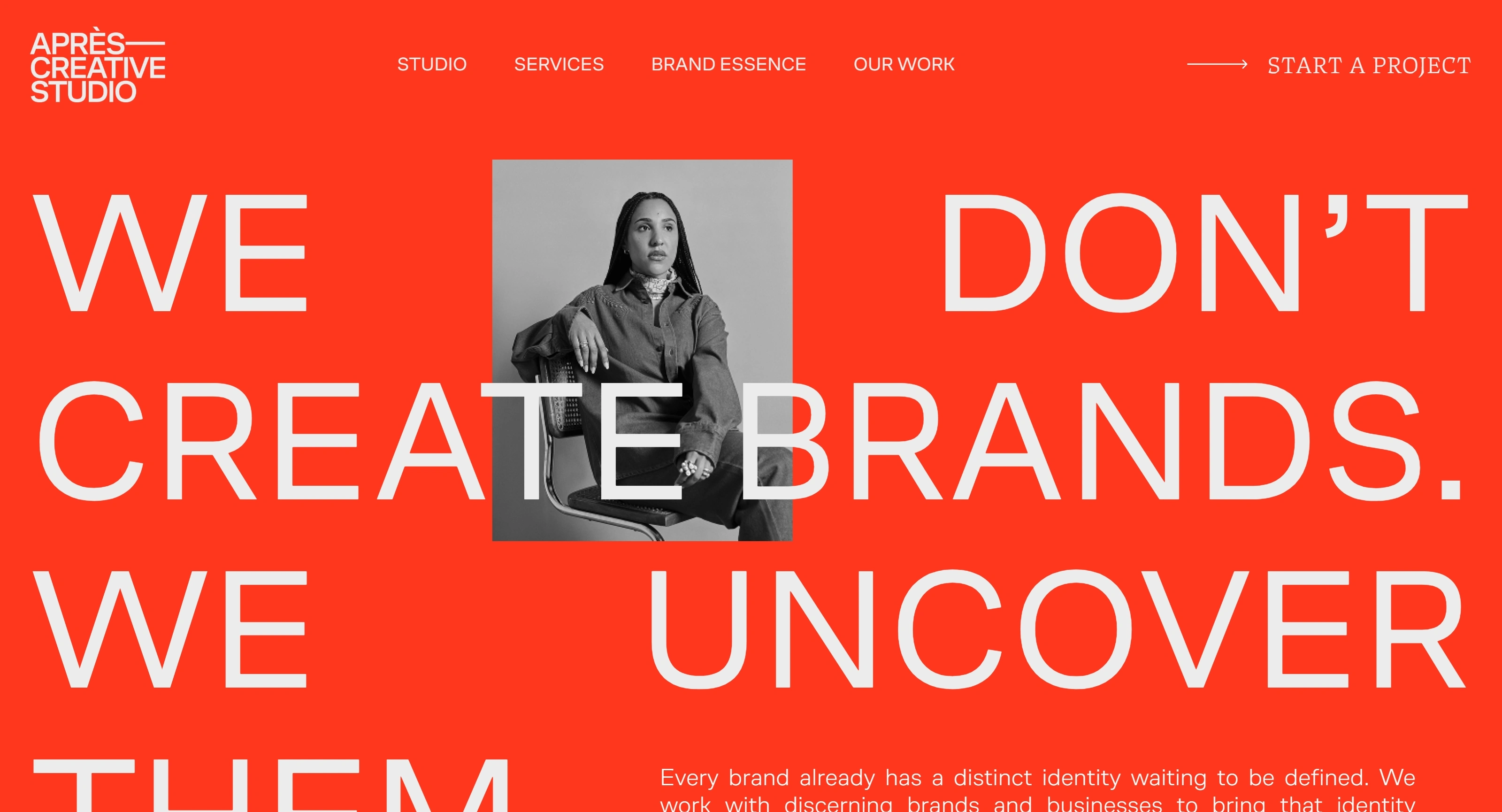 après- creative studio Секция «Первый экран» с сайта https://apres-creativestudio.com/, тематика — Агентство , цвета — Красный, Розовый, стиль — Типографика, Брутализм, типографика — Без засечек, Декоративные