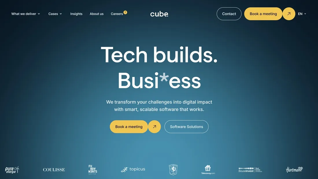 Секция «Первый экран» с сайта https://cube.nl/en, тематика — IT и программное обеспечение, цвета — Черный, Серый, Зеленый, стиль — Корпоративный, Минимализм, типографика — Без засечек