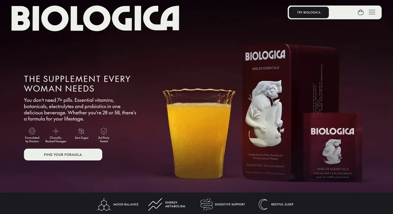 Секция «Первый экран» с сайта https://biologica.com/, тематика — Здоровье и фитнес, цвета — Черный, стиль — Корпоративный, Минимализм, типографика — Без засечек, Декоративные