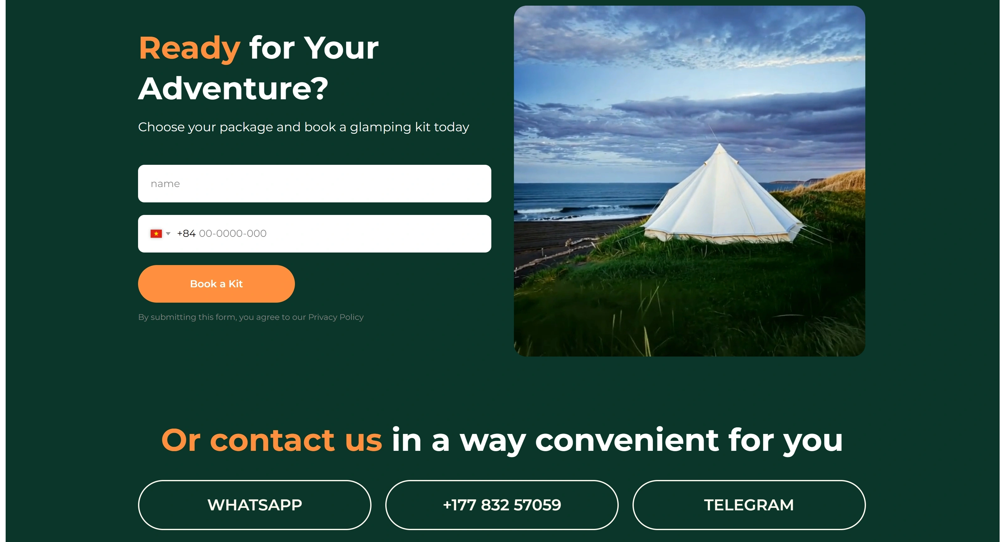 Luxury Glamping Rental Секция «Призыв к действию» с сайта https://glampitnow.com/, тематика — Путешествия и туризм, цвета — Черный, Серый, стиль — Органический и природный, типографика — Без засечек