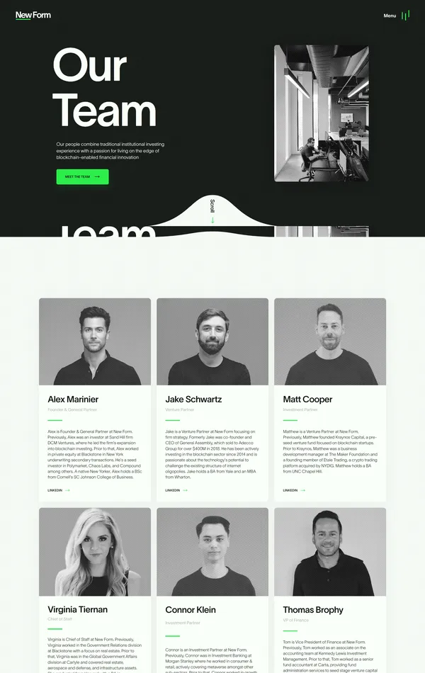 Страница о компании New Form, тематика — Крипто  и блокчейн, цвета — Белый, Черный, Серый, стиль — Минимализм, типографика — Без засечек
