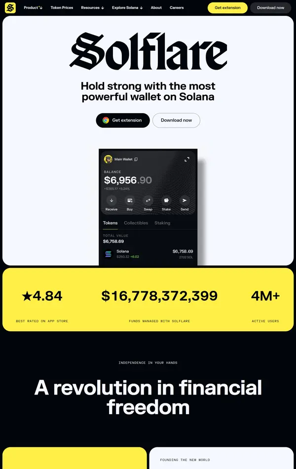 Главная Solflare, тематика — Крипто  и блокчейн, цвета — Белый, Черный, Желтый, стиль — Корпоративный, Минимализм, типографика — Без засечек, Декоративные