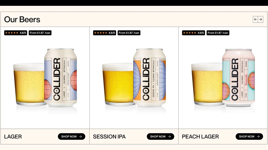 Секция «Товары» с сайта https://www.drinkcollider.com/, тематика — Еда и напитки, цвета — Белый, стиль — Минимализм, типографика — Без засечек