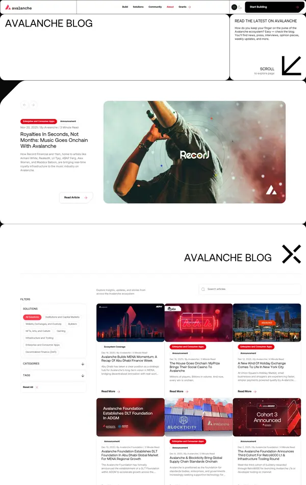 Блог Avalanche, тематика — Крипто  и блокчейн, цвета — Белый, стиль — Корпоративный, типографика — Без засечек