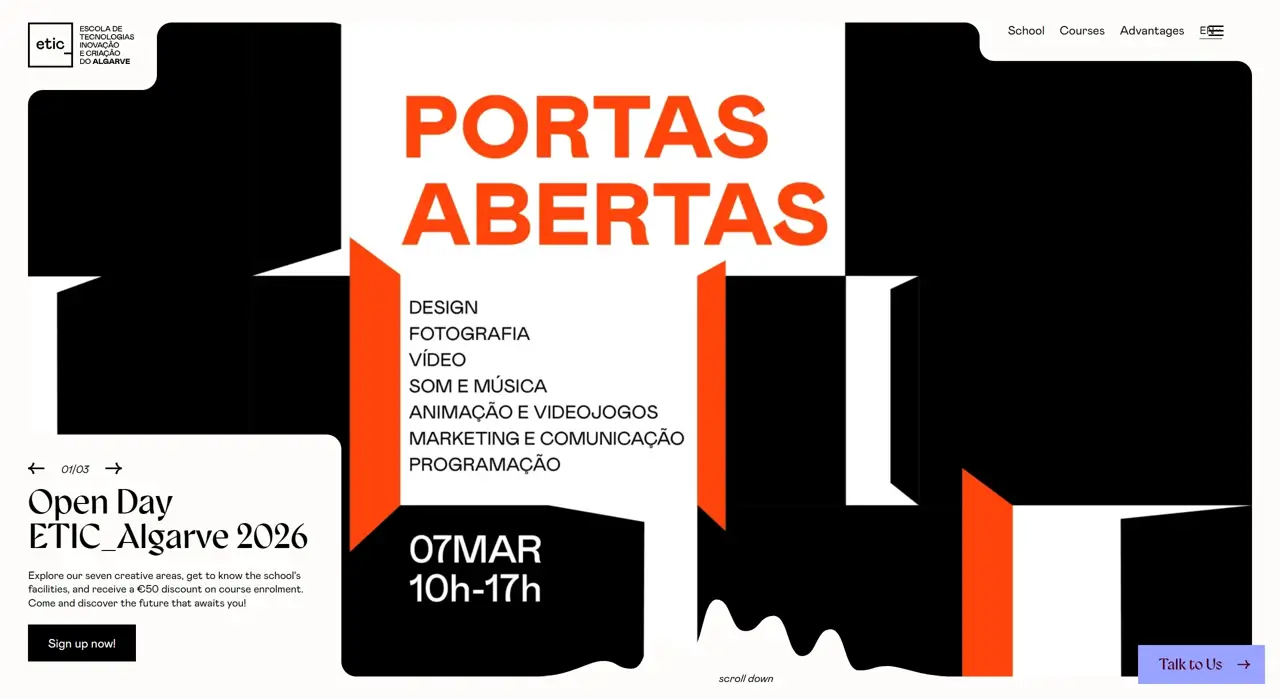 Секция «Первый экран» с сайта https://www.eticalgarve.com/en/, тематика — Образование, цвета — Белый, Черный, стиль — Типографика, Брутализм, типографика — Без засечек, Декоративные