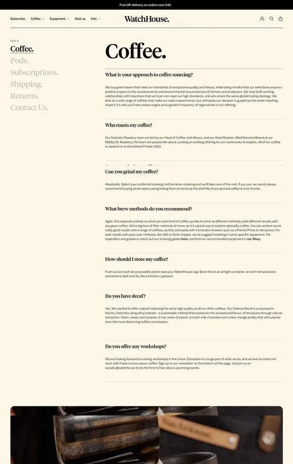 База знаний WatchHouse, тематика — Еда и напитки, цвета — Белый, Черный, стиль — Корпоративный, Минимализм, типографика — Без засечек