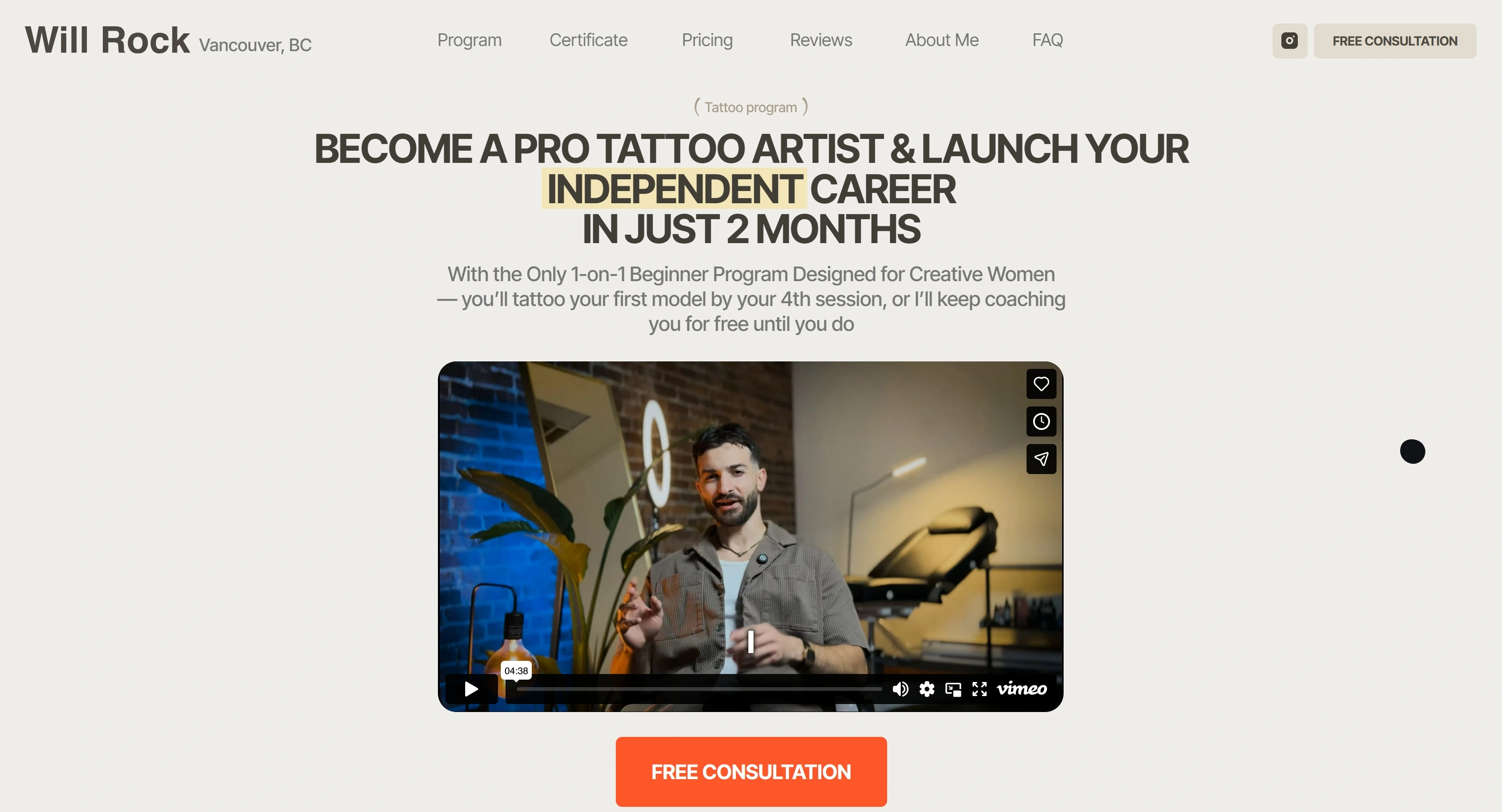 Tattoo Program Секция «Первый экран» с сайта https://willrock.ca/, тематика — Образование, Другое, цвета — Белый, Серый, стиль — Минимализм, типографика — Без засечек