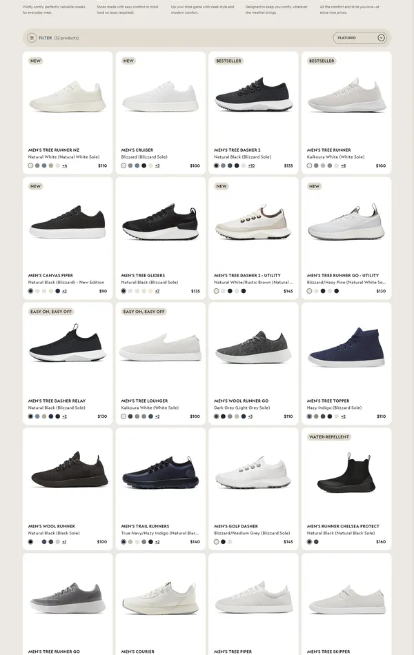 Каталог Allbirds, тематика — Интернет-магазин, Одежда, цвета — Белый, Серый, стиль — Корпоративный, Минимализм, типографика — Без засечек