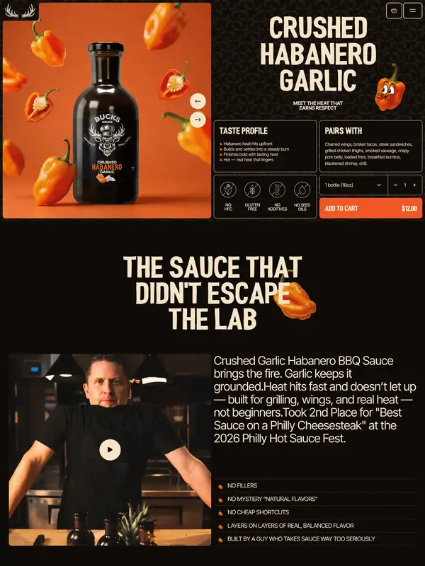 Продукт Bucks Sauce, тематика — Еда и напитки, цвета — Черный, Красный, Коричневый, стиль — Брутализм, типографика — Без засечек, Декоративные