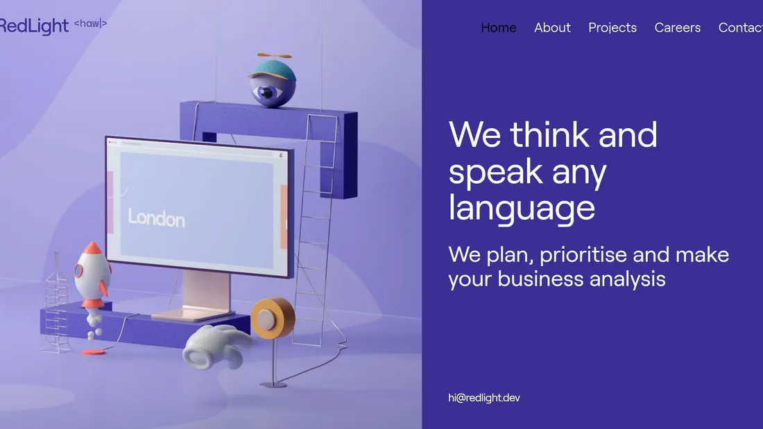 Секция «Первый экран» с сайта https://redlight.dev/, тематика — IT и программное обеспечение, цвета — Белый, Серый, Синий, стиль — Фестивальный, Полигональный, типографика — Без засечек