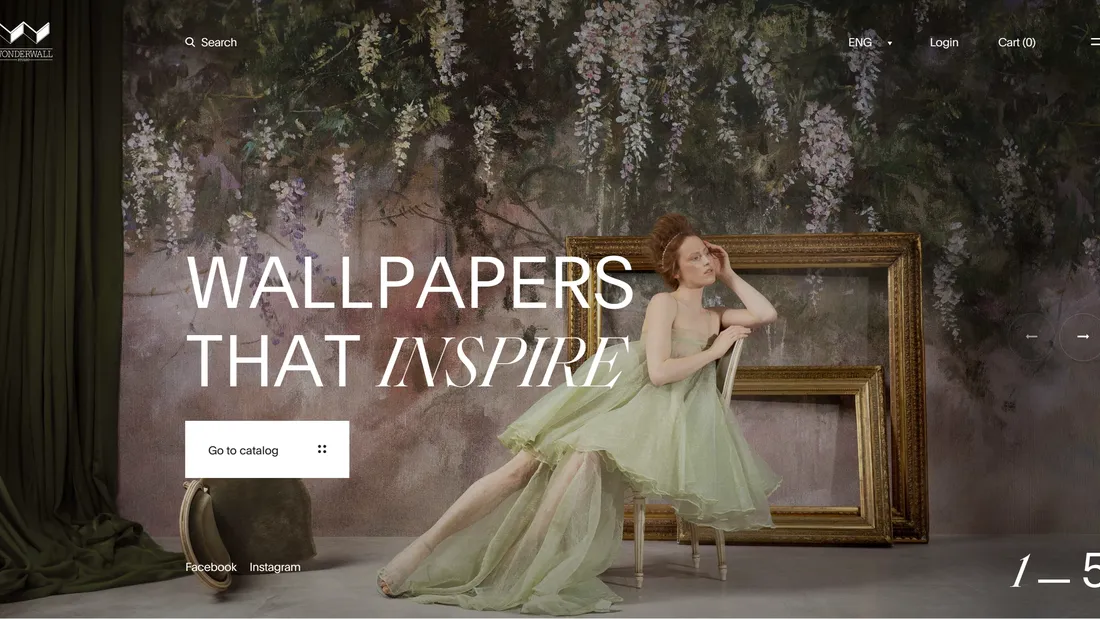 Секция «Первый экран» с сайта https://wonderwall-studio.pl/?lang=en, тематика — Дизайн, цвета — Черный, Серый, Коричневый, стиль — Классический, типографика — С засечками, Без засечек