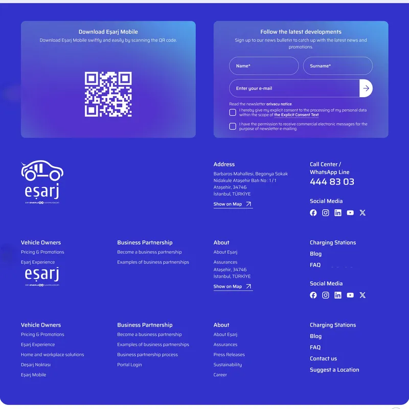 Секция «Контакты» с сайта https://esarj.com/en, тематика — Бизнес и профессиональные услуги, цвета — Синий, Фиолетовый, стиль — Корпоративный, типографика — Без засечек