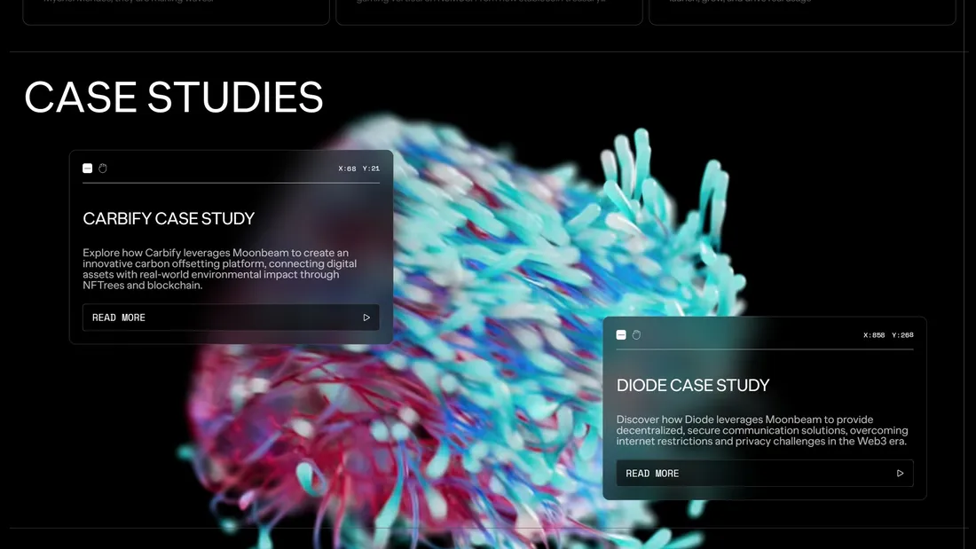 Секция «Кейсы» с сайта https://moonbeam.network/, тематика — Крипто  и блокчейн, цвета — Черный, Серый, стиль — Полигональный, типографика — Без засечек