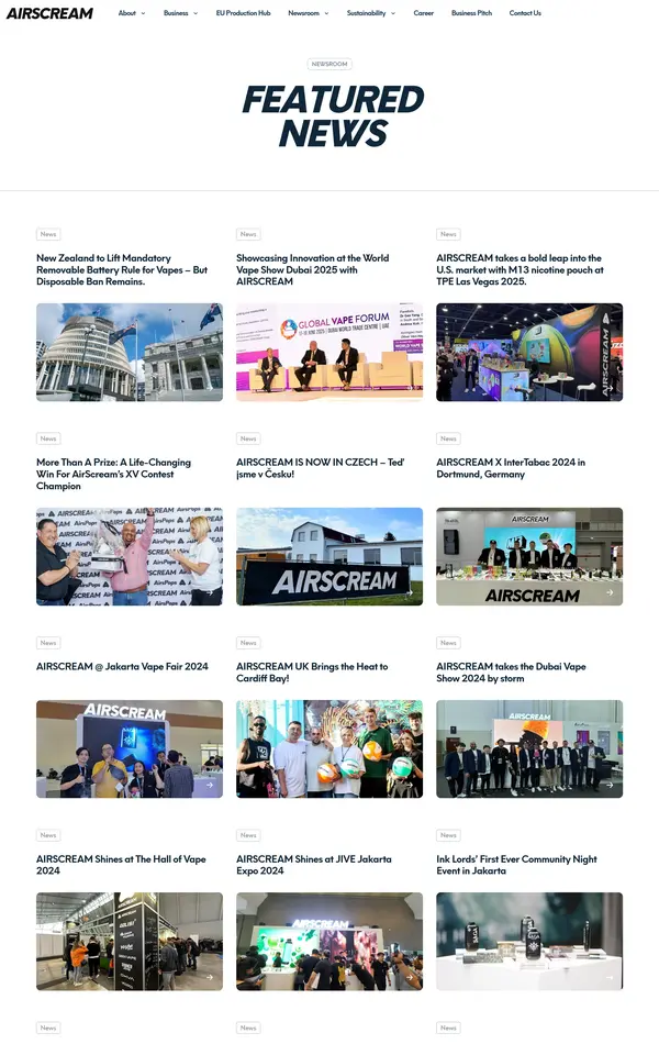 Новости AIRSCREAM, тематика — Мероприятия, цвета — Белый, Серый, стиль — Корпоративный, типографика — Без засечек